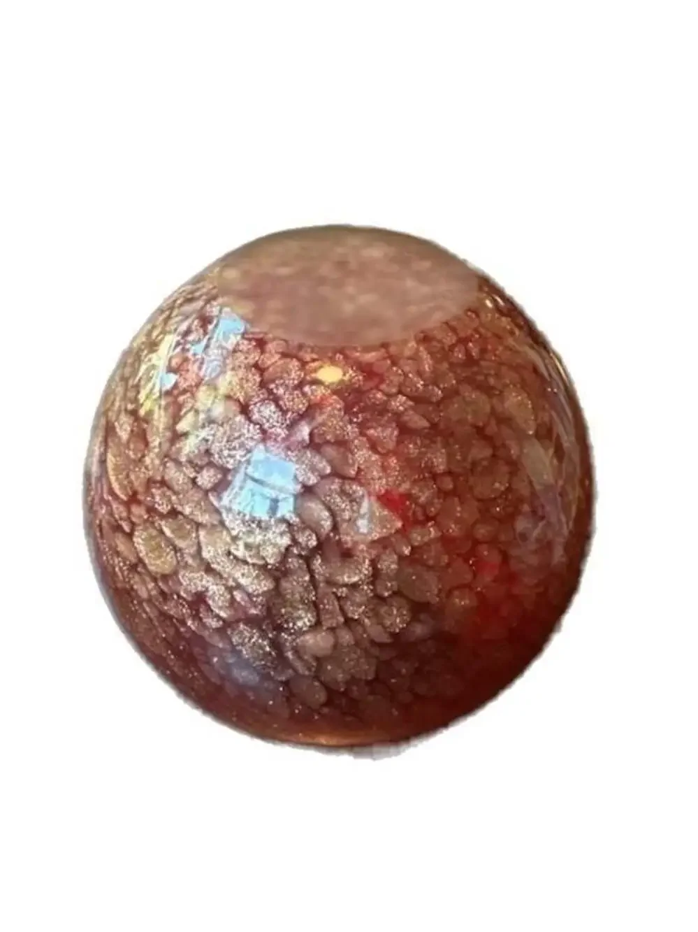 Hand Blown Art Glass Red and Gold Flecked Sphere Vase, approx 6” tall